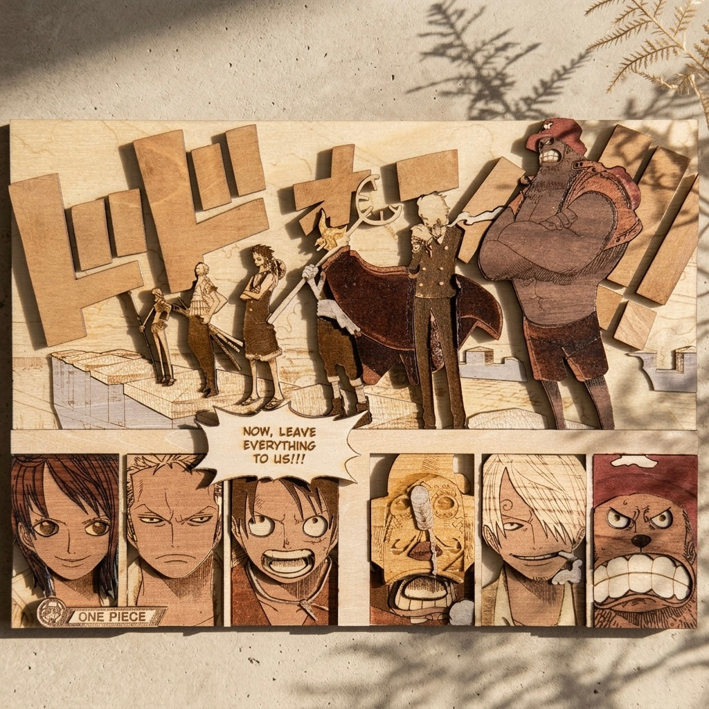 Gravure en bois One Piece Enies Lobby version anglaise, décoration manga artisanale