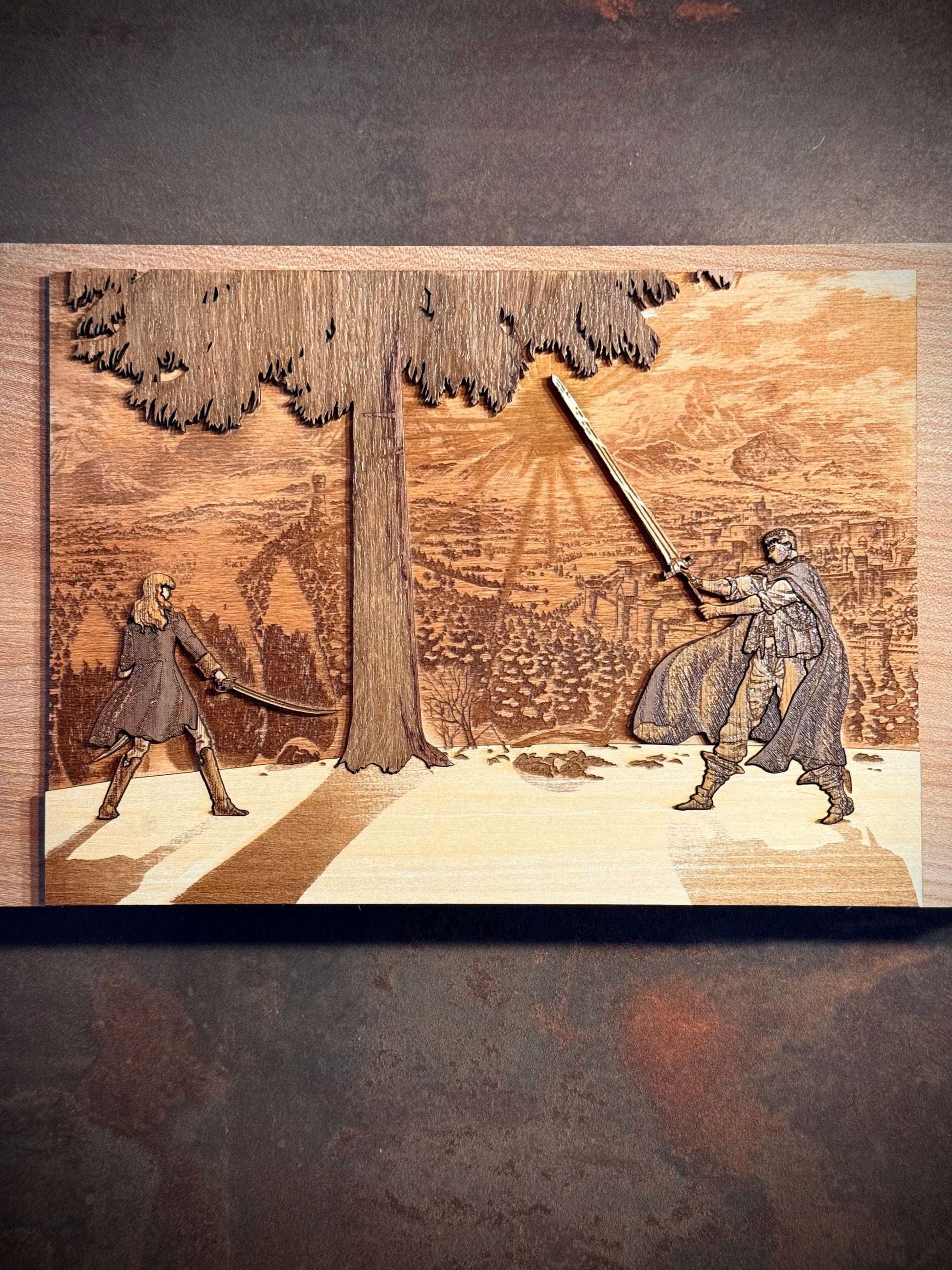 Relief de la gravure bois Berserk avec Guts et Griffith
