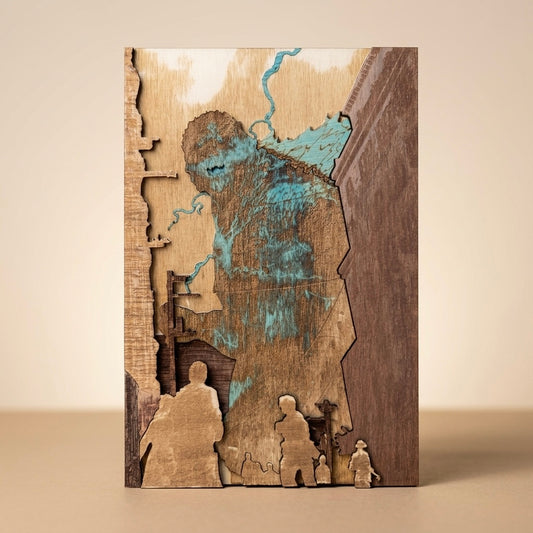 Gravure bois Godzilla phosphorescente en lumière naturelle