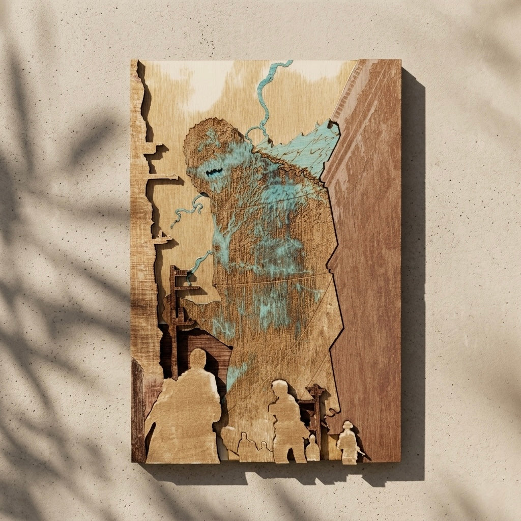 Gravure artisanale en bois Godzilla avec détails visibles de jour
