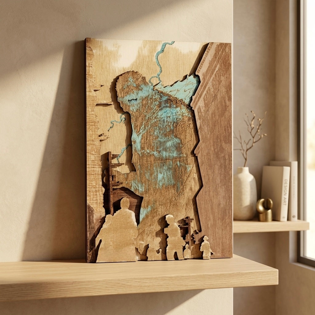 Œuvre bois Godzilla phosphorescente artisanale en vue de jour
