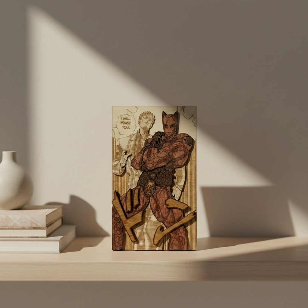 Gravure JJBA en bois massif – édition artisanale Sanuddo