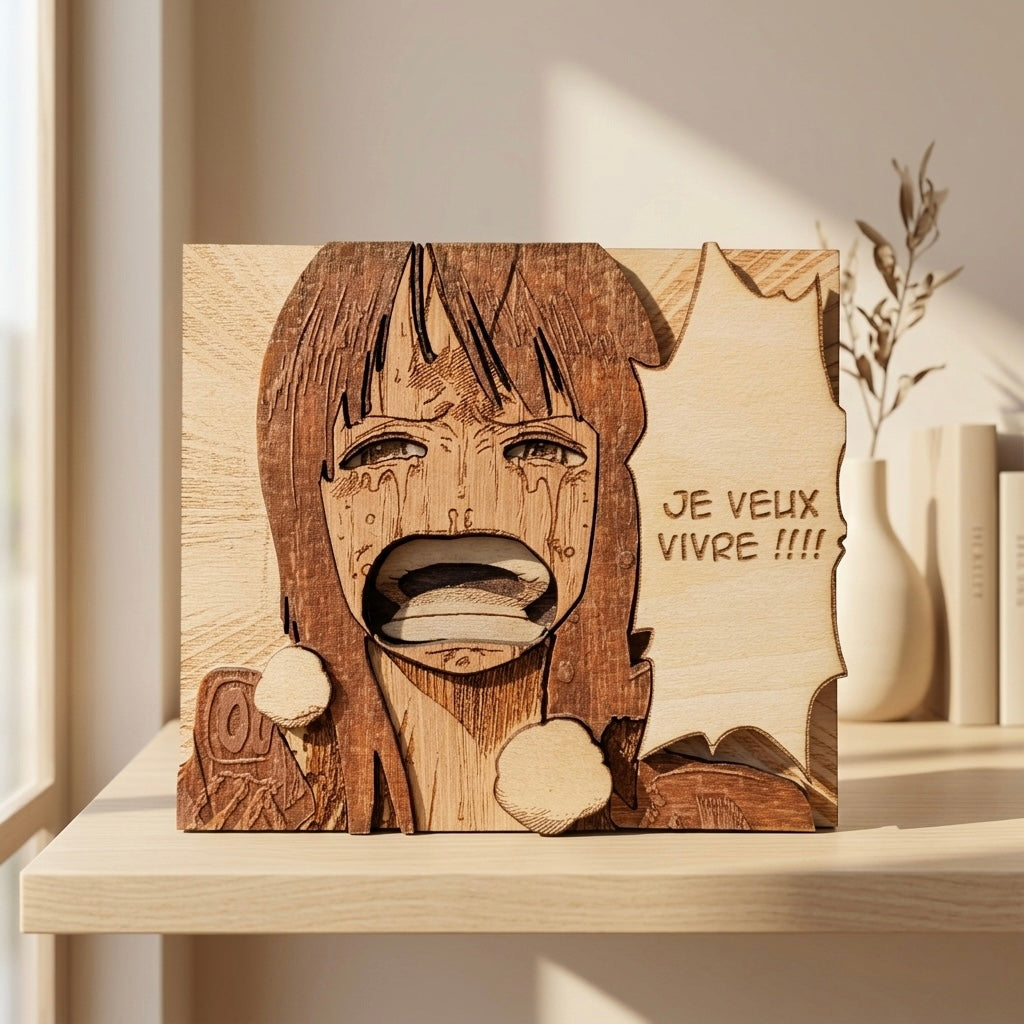 Gravure artisanale en bois de Nico Robin Je veux vivre version française

