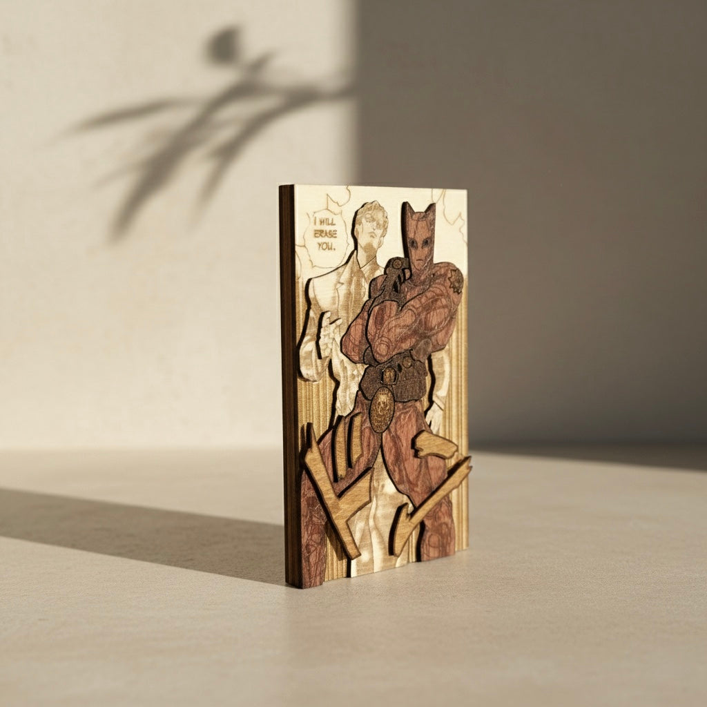 Détail gravure bois Kira Yoshikage – texture bois massif